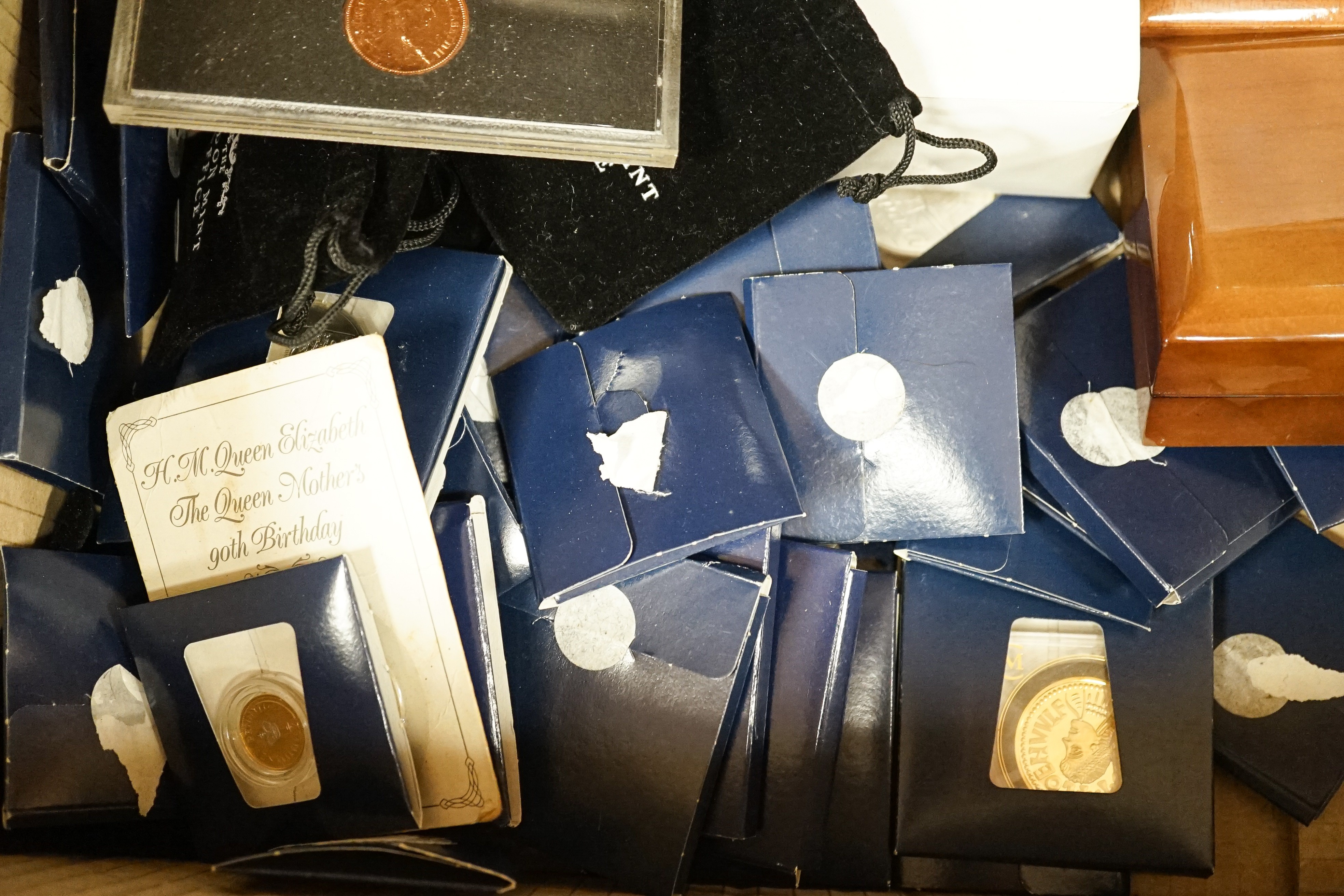 Two Royal Mint year sets 1970 & 1971 various London mint commemorative coins and later gold plated and enamelled coins (qty)
